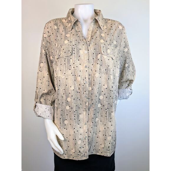 NEW NY Collection Button Blouse Roll Tab Sleeve Stretch Beige Black Dot Size 3X - Picture 2 of 10